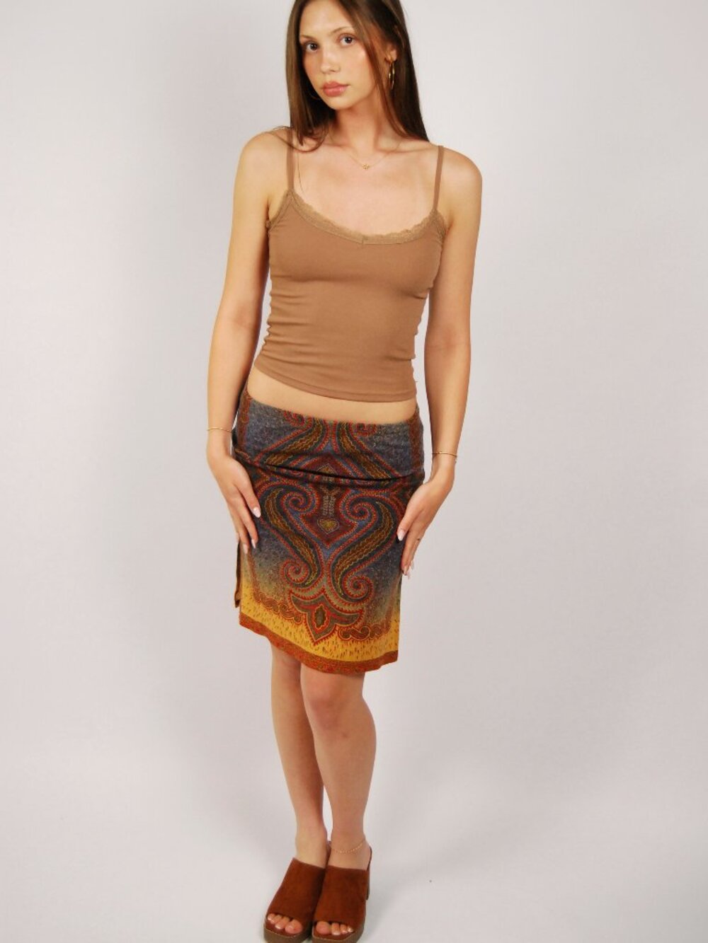 Y2K Boho Pencil Skirt (S) small yellow blue vintage midi mandala pencil hippie